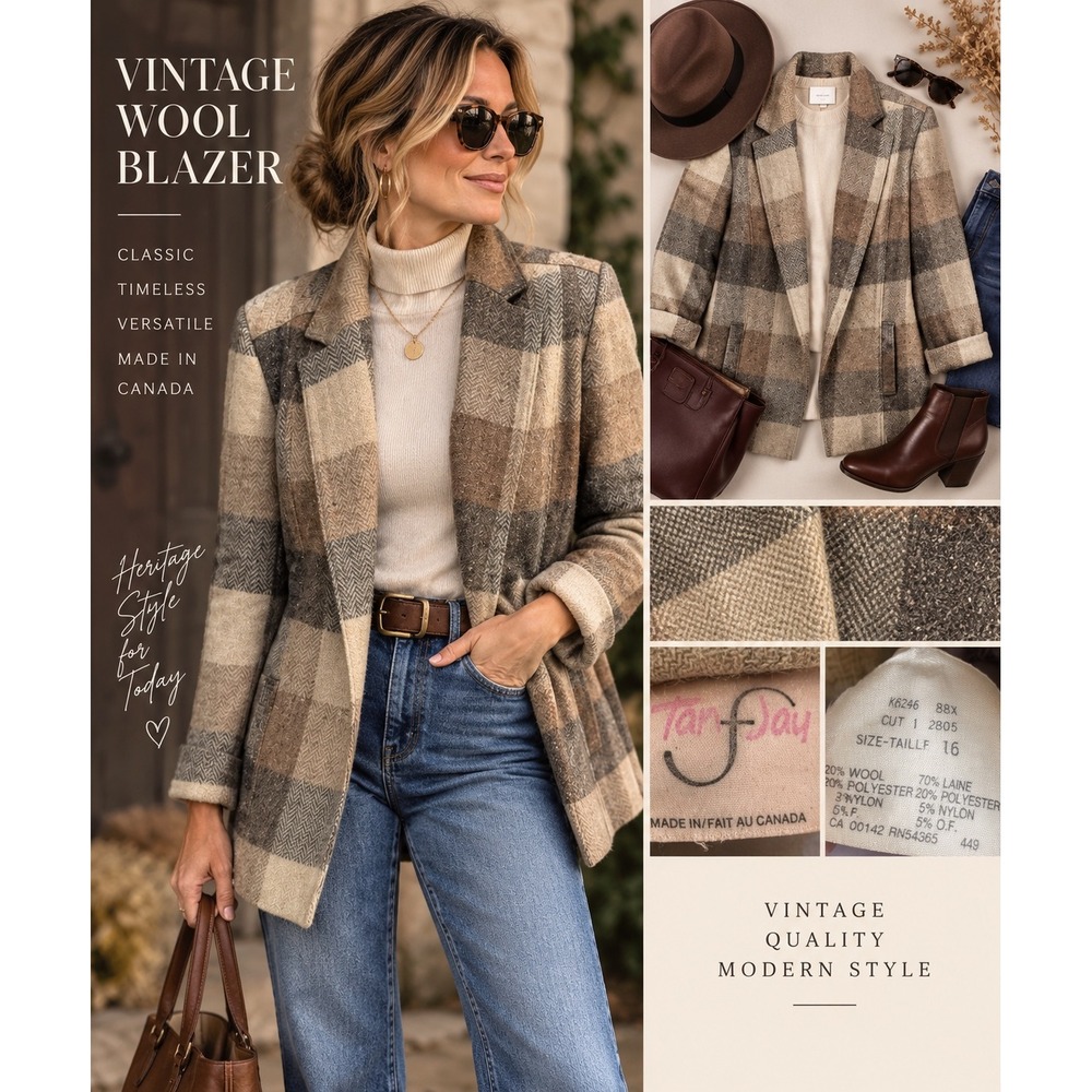Vintage 80s Wool Blend Plaid Blazer Women 16 Herringbone Oversize Made in Canada